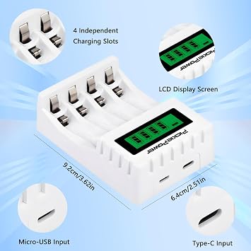 Pickle Power AAAA Batteries, 4 Pack 500mAh Rechargeable AAAA Ni-MH Batteries with Charger for Surface Pen Active Stylus