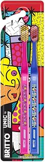 Escova de dentes ultra macia que não machucam a gengiva personalizada Romero Britto com artes alegres pack com duas unidades, Dentalclean