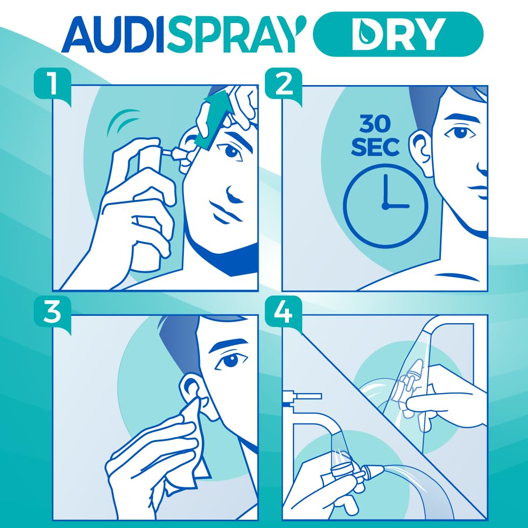 Spray Otite - Trattamento Contro Acqua in Eccesso- Asciuga e Protegge - Ideale per Nuotatori e Sport Acquatici - Uso Facile - Per Adulti e Bambini dai 9 Anni - 30 ml - Audispray Dry