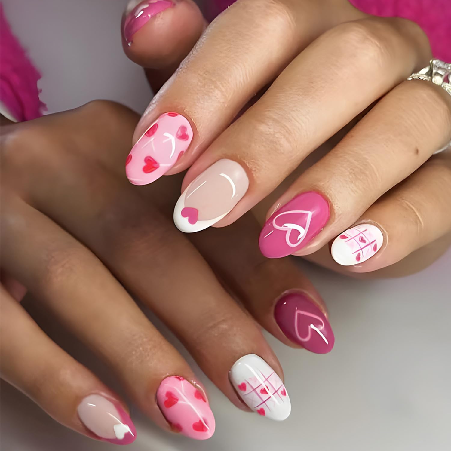 Press on Almond Nails Medium Glossy Full Cover Almond French False Nails with Heart Designs Artificial Almond Shaped Fake Nails Glue Stick ons