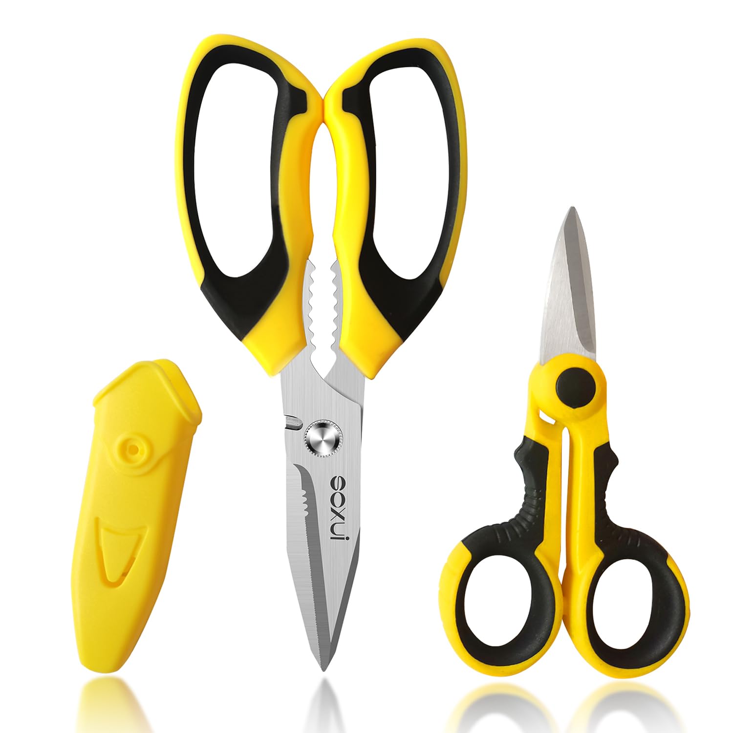 SOXUI 8-Inch Heavy Duty Scissors – Ultra Sharp Stainless Steel Shears with Serrated Edge & Protective Cover, Ideal for Cardboard, Wire, Fabric & More (Yellow)