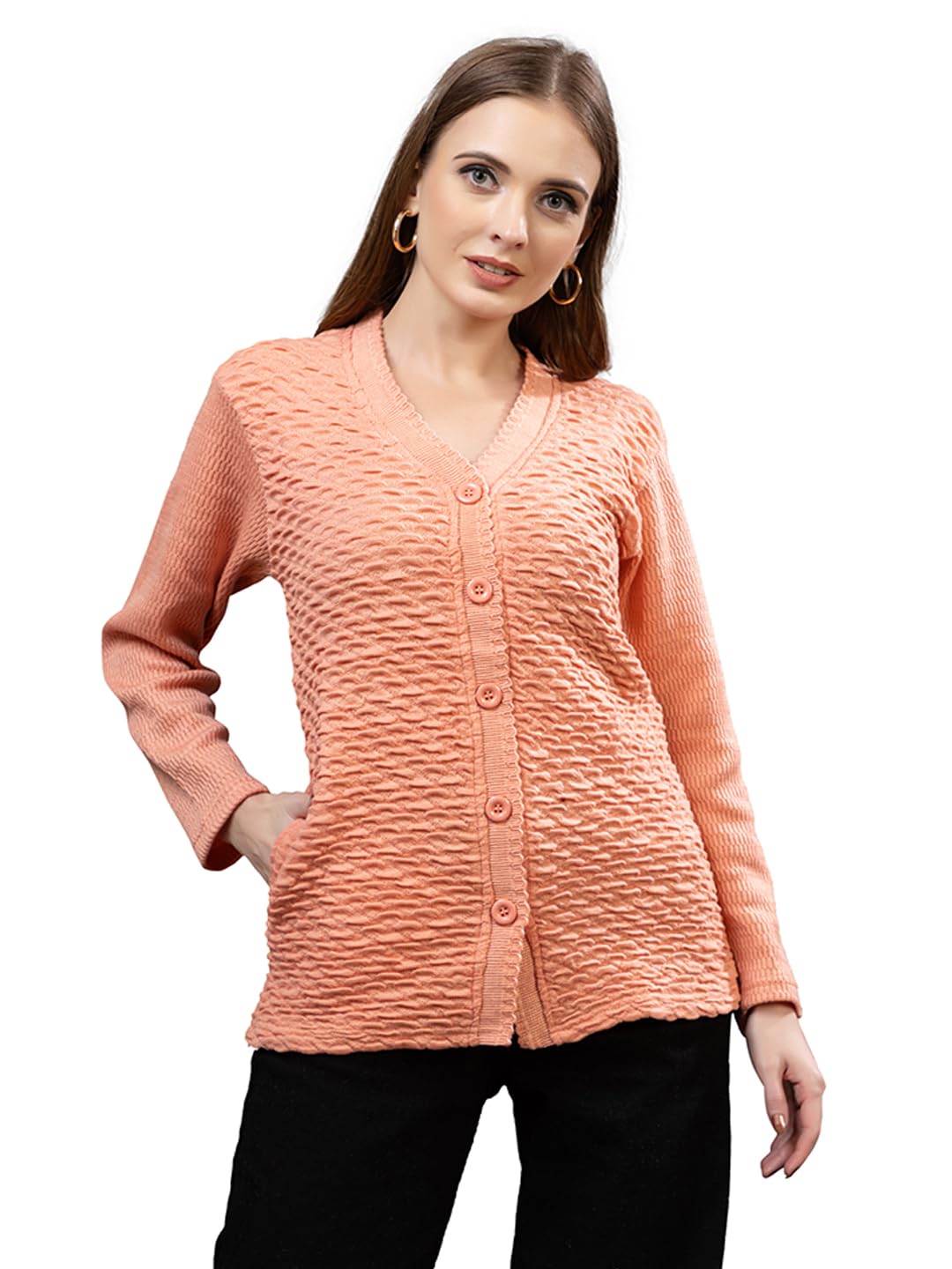 Women’s Winter Woolen Cardigan | Full Sleeve Textured Buttoned Sweater for Women | Soft Wool V-Neck Warm Knitted Outerwear for Office & Casual Wear-picture-46