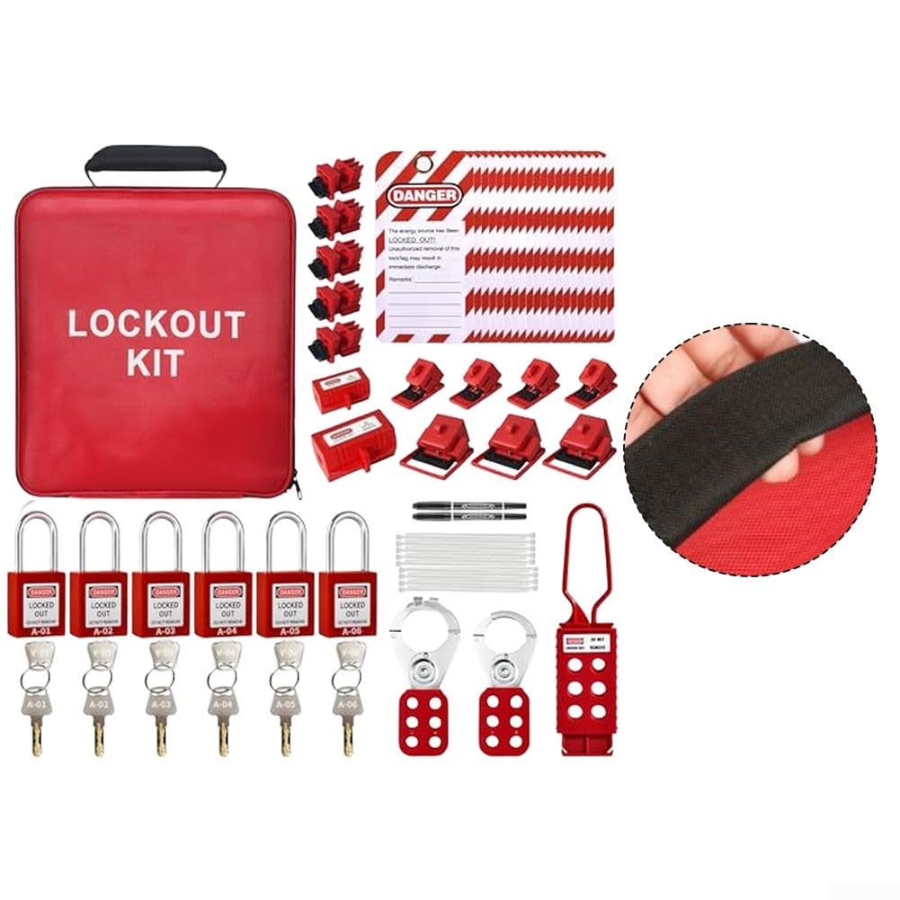 Kit de seguridad para equipos industriales con 6 cerraduras de seguridad, 5 cerraduras de disyuntor, 4 cerraduras de abrazadera, 3 cerraduras de abrazadera grandes