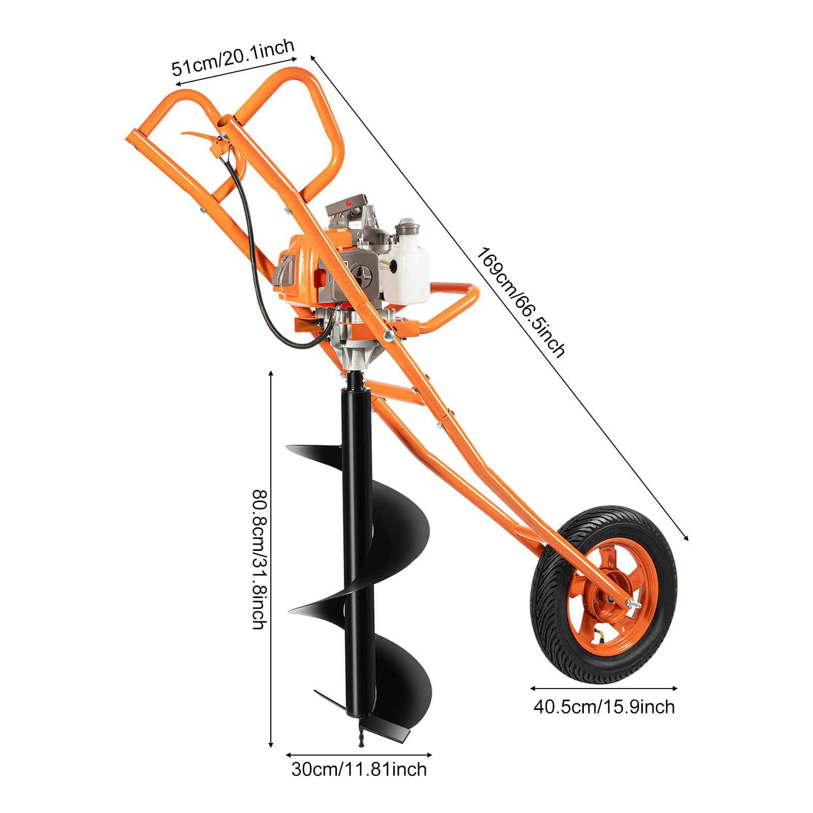 Motoazada broca de excavación 63 cc motor de 2 tiempos 8800 rpm 30:1 engranaje, broca de 11,81 pulgadas, arranque manual de 0,34 Gal Tank Membranvergaser,Monociclo diseño ideal para agricultura jardín