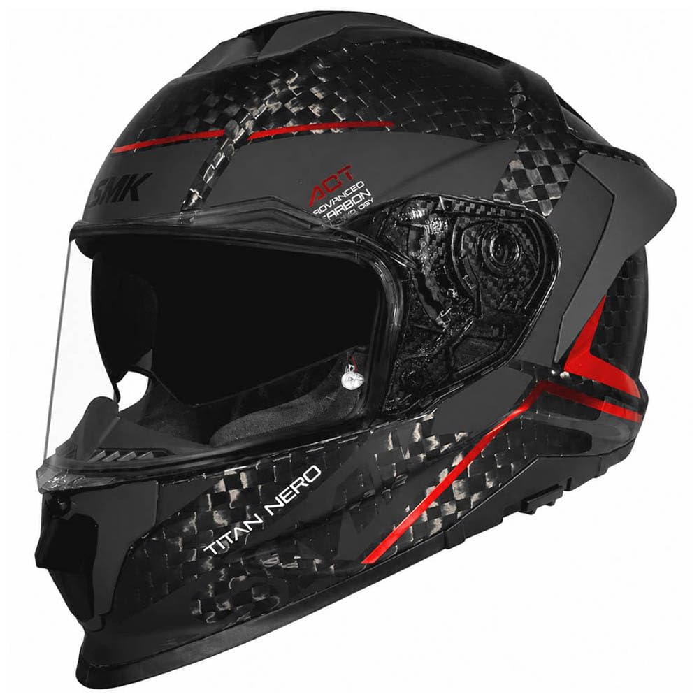 SMK Titan Carbon Nero Rojo Cromado - Casco de Moto Integral en Fibra de Carbono con Visor Solar Interior - Unisex Helmets Hombre y Mujer, Homologado 22.06