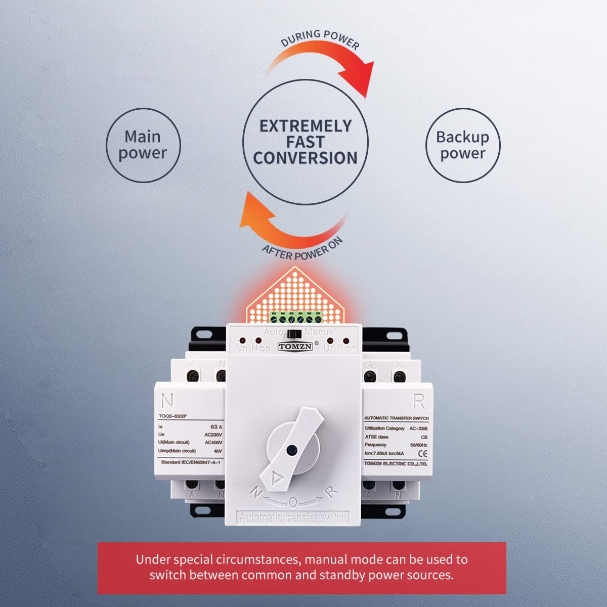 Interruttore Magnetotermico Differenziale ATS 2P 63A 230V MCB Tipo Dual Power Switch di trasferimento automatico(2 INPUT 1 OUTPUT)