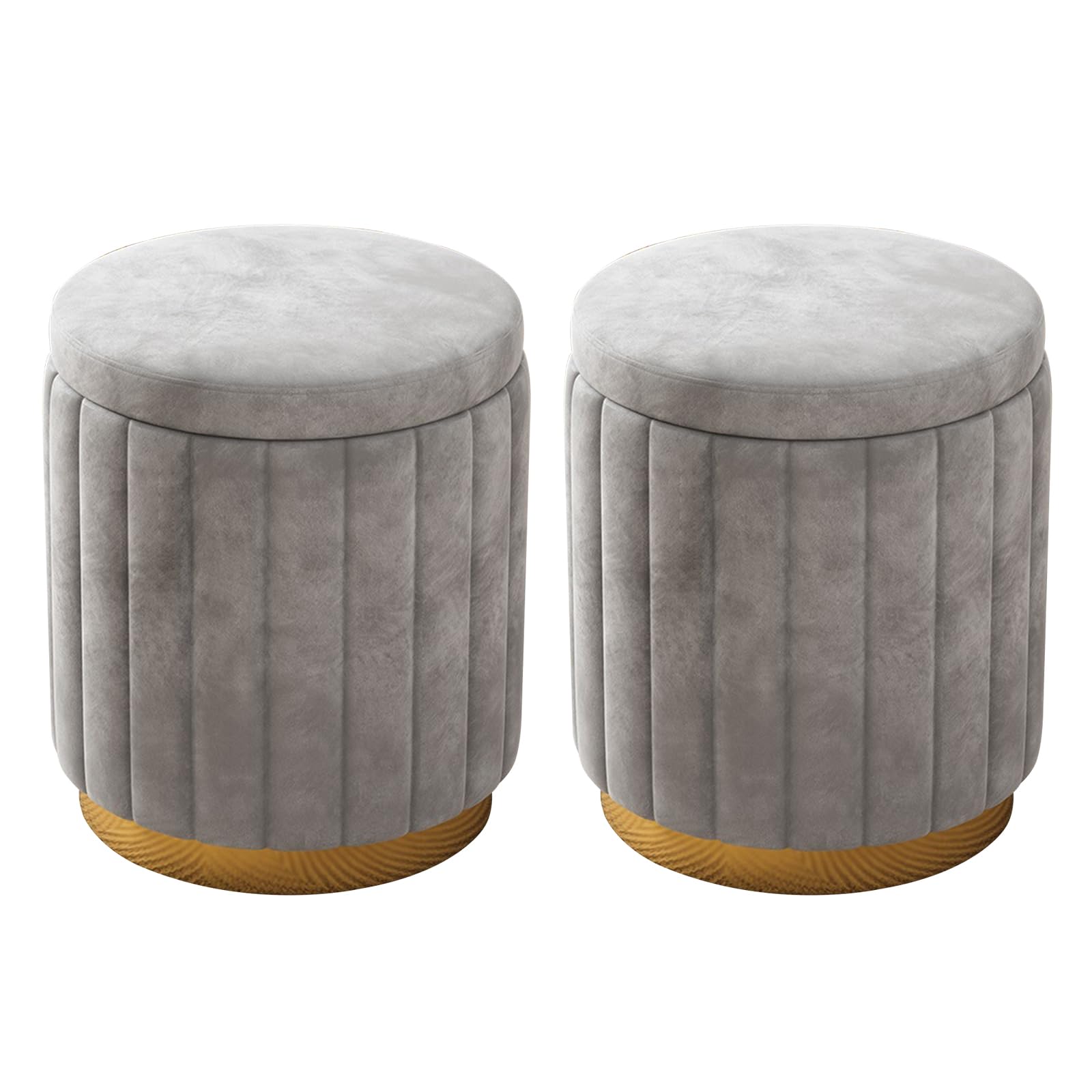 Pouf rotondo con contenitore, set di 2 sgabelli imbottiti in velluto con base in metallo, sgabelli moderni per camera da letto, soggiorno, mobili per la casa (set da 2, grigio)