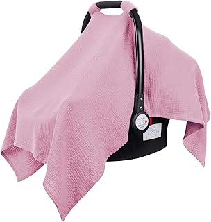 Metplus Muslin Car Seat Cover for Babies, 100% Cotton Infant Carseat Canopy | Breathable Baby Car Seat Cover for Summer, Lightweight Stroller Sunshade Covers for Newborns (Pale Pink)