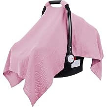 Metplus Muslin Car Seat Cover for Baby Girls, 100% Cotton Breathable Infant Carseat Canopy for Summer, Lightweight Stroller Sunshade Covers Pale Pink