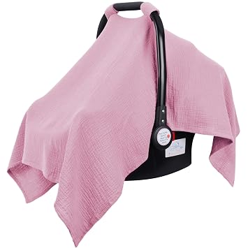 Metplus Muslin Car Seat Cover for Baby Girls, 100% Cotton Breathable Infant Carseat Canopy for Summer, Lightweight Stroller Sunshade Covers Pale Pink