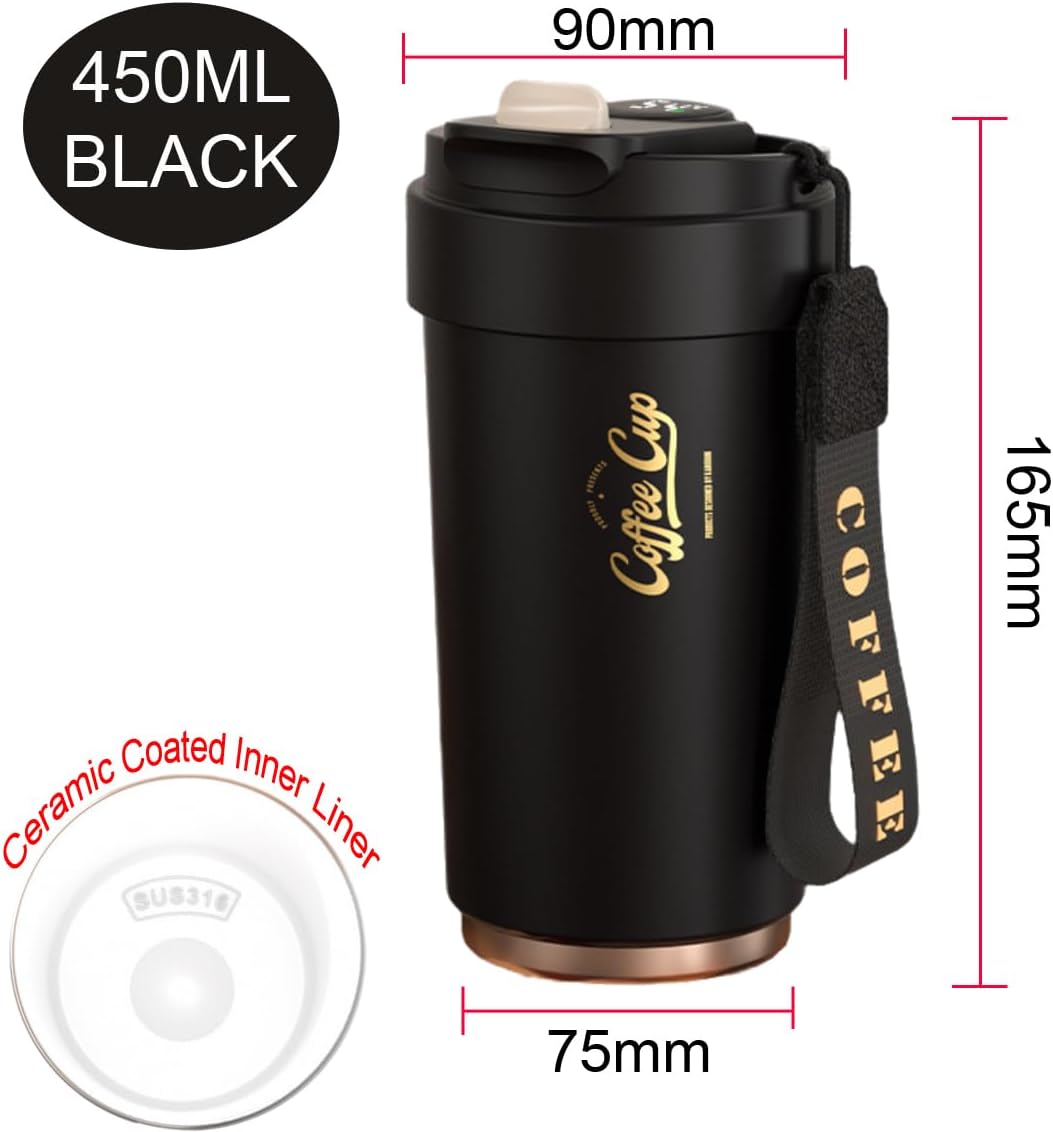 Smart Coffee Mug with Temperature Display, 15oz Double-Wall Stainless Steel with Ceramic Coating, Portable Insulated Cup for Hot and Cold Drinks, Leakproof Travel Tumbler for Office & School (Black)