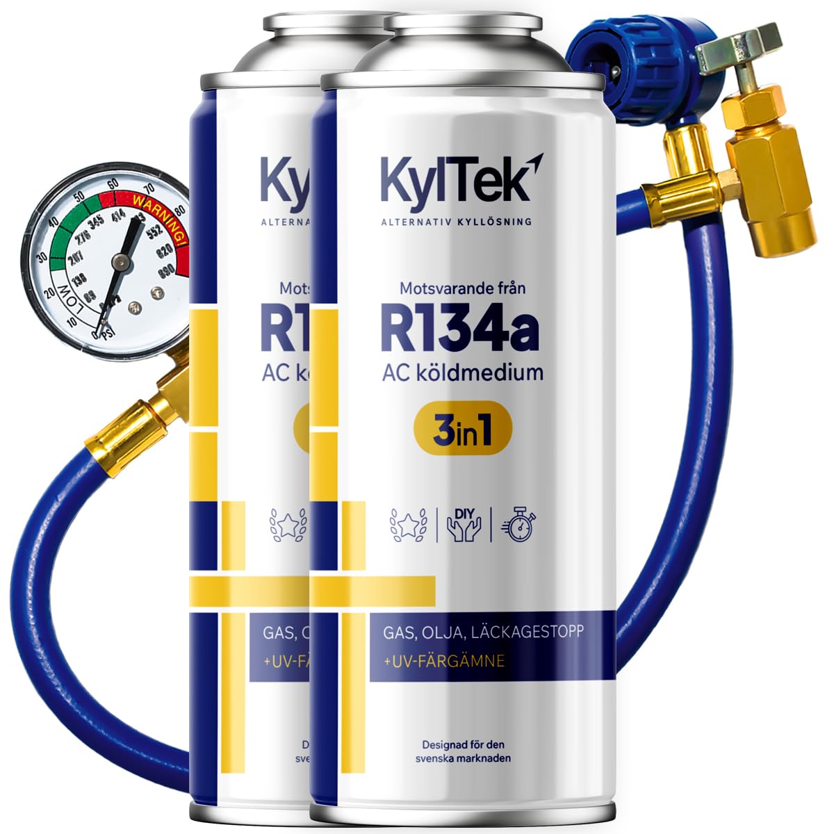 KylTek 3in1 Kit Ricarica Aria Condizionata R134a (2x Bombolette da 400ml + Tubo) – Gas Sostitutivo – Auto fino al 2016