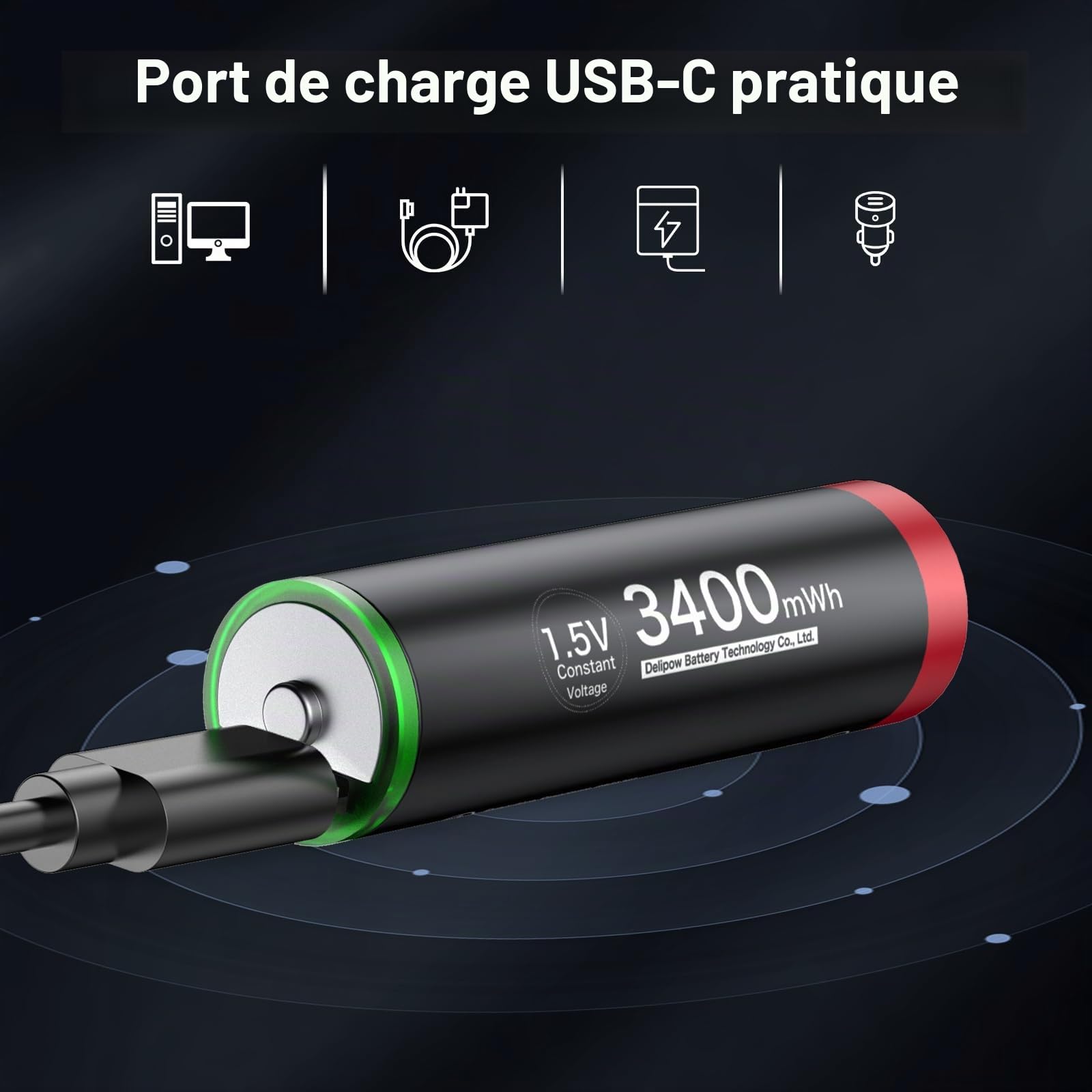 Pile Rechargeable AA 1,5V USB C Lithium 3400mWh,Piles AA Rechargeables 1500 Cycle Longue Durée de Vie Lot de 16