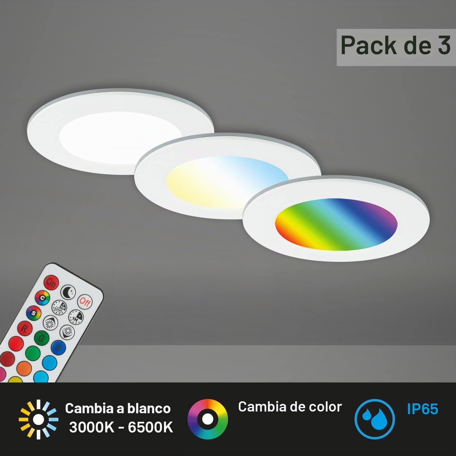 BRILONER - Juego de 3 lámparas LED empotradas en el techo, lámparas RGB empotradas CCT, foco LED empotrado en el baño, foco empotrado en el baño IP65, negro, 92x45 mm (DxH)