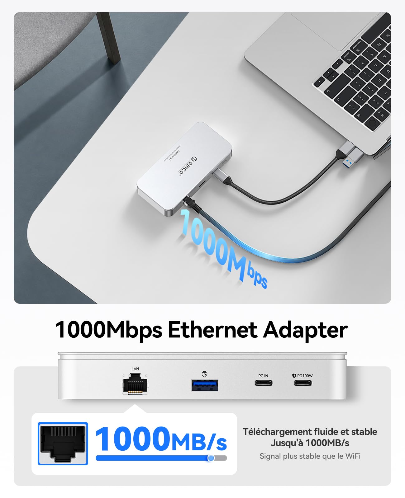 ORICO Hub USB C 7 en 1 avec boîtier SSD M.2 NVMe de 8 to, Station d'accueil avec Ports USB-C et USB-A 10 Gbit/s, 2 Ports USB-A 5 Gbit/s, 3.0 SD/TF, 100 W PD, Gigabit Ethernet, Station d'accueil