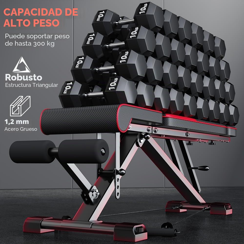 Banco de peso ajustable plegable con bandas de resistencia, capacidad de 300KG/660lbs, respaldo de 8 posiciones y marco de acero de aleación de plegado rápido para gimnasio en casa