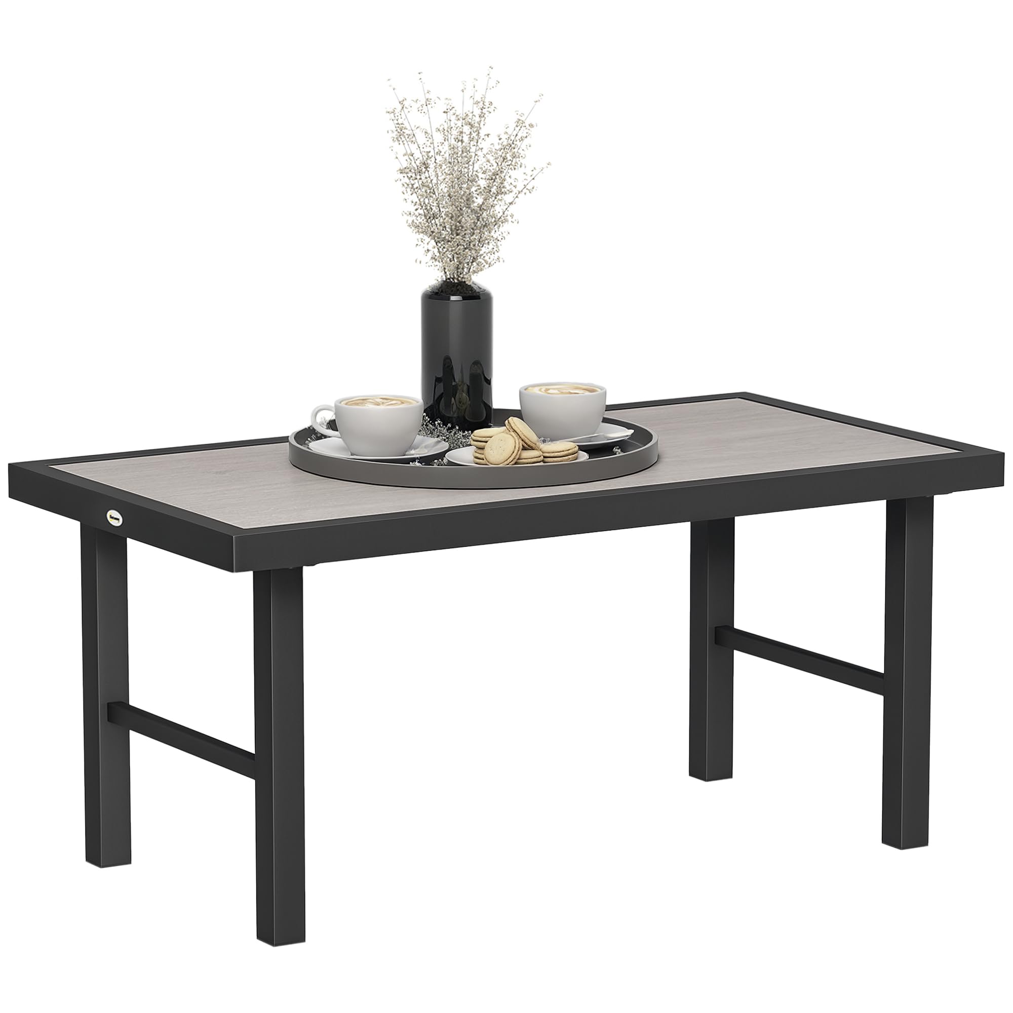 Outsunny Table Basse de Jardin rectangulaire Table de Jardin avec Plateau SPC à Effet Bois pour intérieur/extérieur en métal, 100 x 52 x 46 cm, Effet Bois Gris