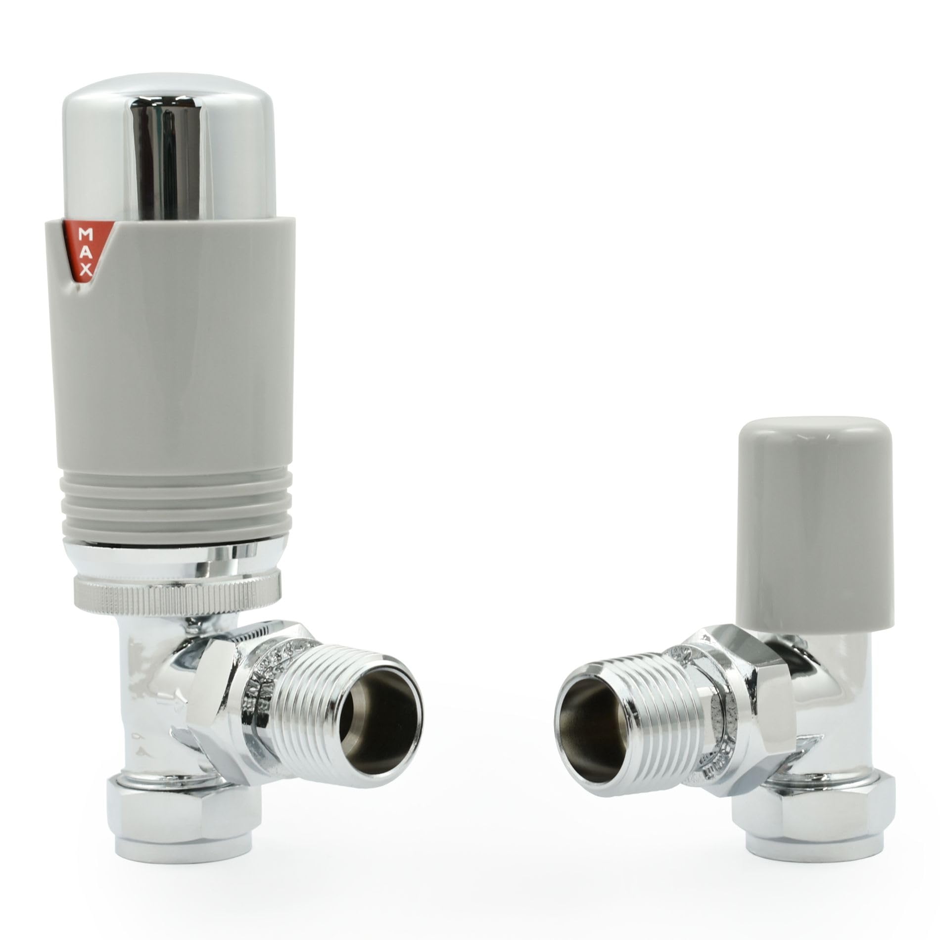 Hot Flow Chrome & Silver Estuary Angled TRV Thermostatic Radiator Valve (Pair) Includes Angled TRV Body, Wheel Head