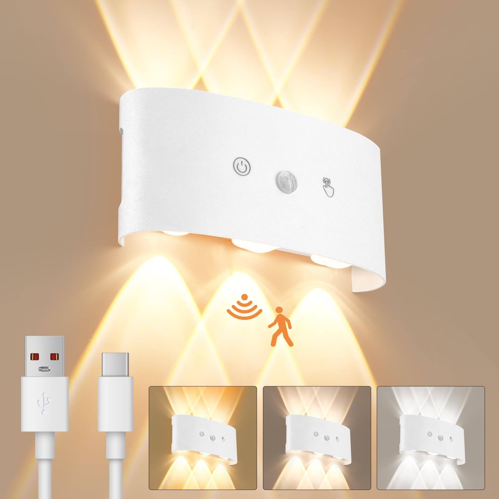 Luz de Pared de Interior magnética, Aplique LED táctil, USB Lámpara de Pared,3 Colores Brillo Regulable Lámpara de Pare Dormitorio con sensor automático para Dormitorio Salón Pasillo 6 luces