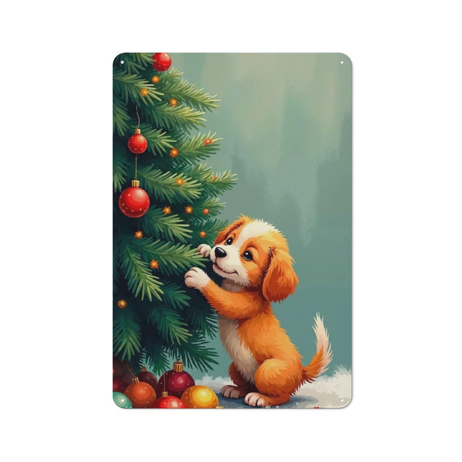 Junmoney Puppy Decorating Christmas Tree 30X20cm Retro Metal Plaque With For Kitchen Or Home Bar, For Garage, Workshop And Man Cave Decoration