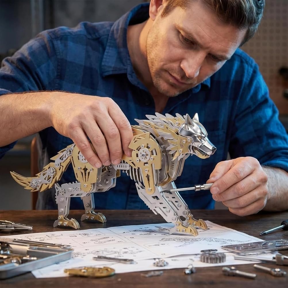 Generisch 3D-Metallpuzzle für Erwachsene, mechanisches Wolfspuzzle-Bauset, 3D-Metallmodell-Bausatz, Gehirnjogging-Puzzle zum Selberbauen, Geschenk für Männer