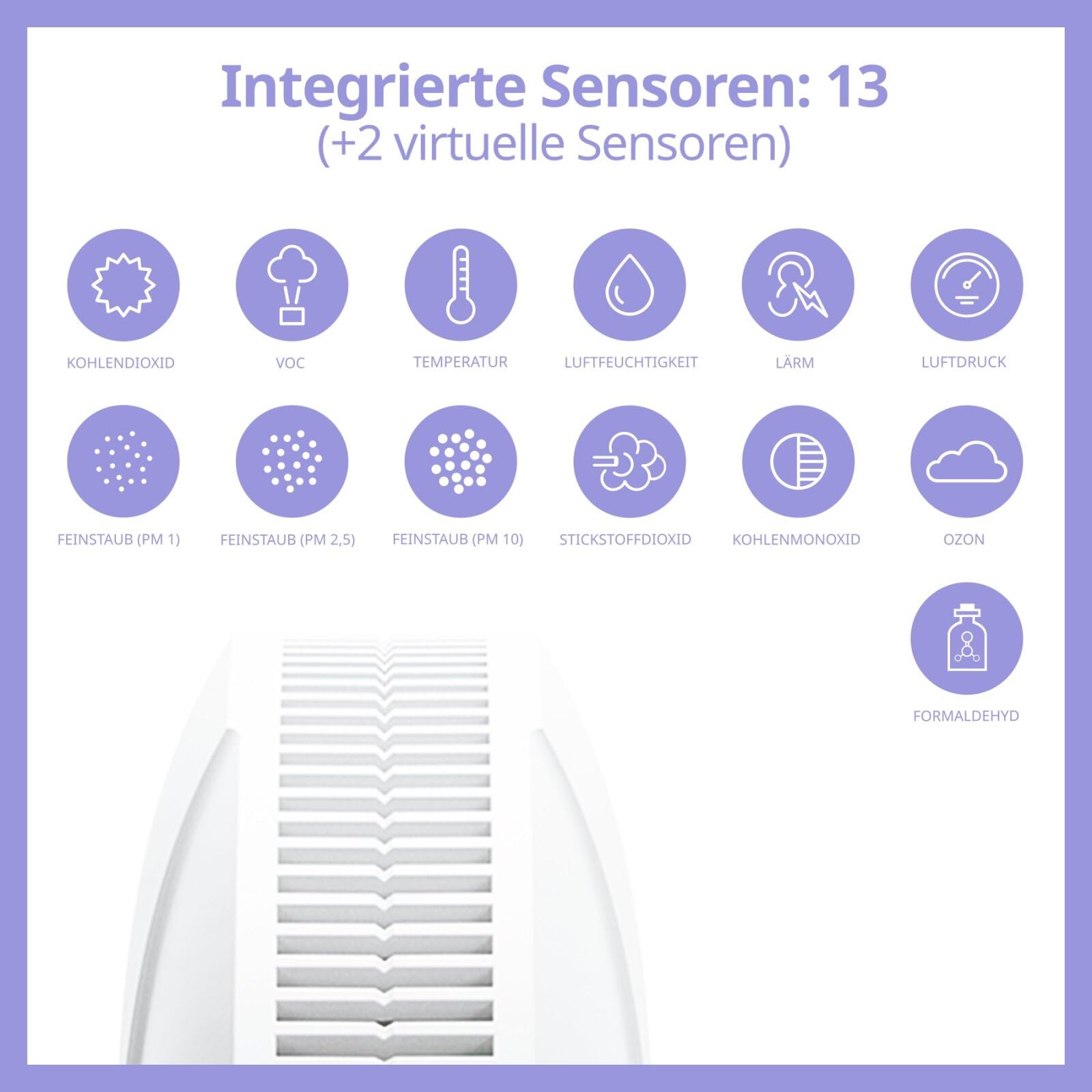 pro Luftmessgerät, Luftanalysator, Luftmesser mit 13 Sensoren präzise Messung von Feinstaub, CO2, VOC, Luftfeuchtigkeit, Temp. u.v.m. Smart Home mit App, Gesundheits- und Leistungsindex