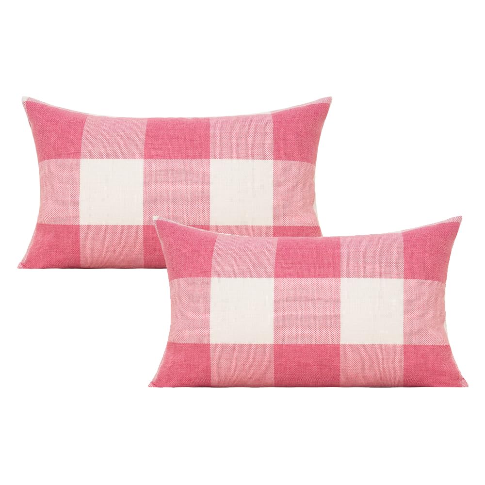 VAKADO 12x20 Set of 2 Pink Throw Pillow Covers Lumbar Buffalo Plaids Decorative Gingham Farmhouse Decor Outdoor Checkered Square Cushion Cases Home