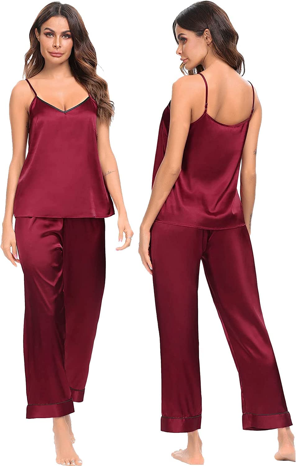 ssoshhub Women's Satin Kimono Robes Bridesmaid Wedding Robes Silky Bathrobes Summer Loungewear Nightsuit Nighty Honeymoon Special 3 Piece Set-picture-16