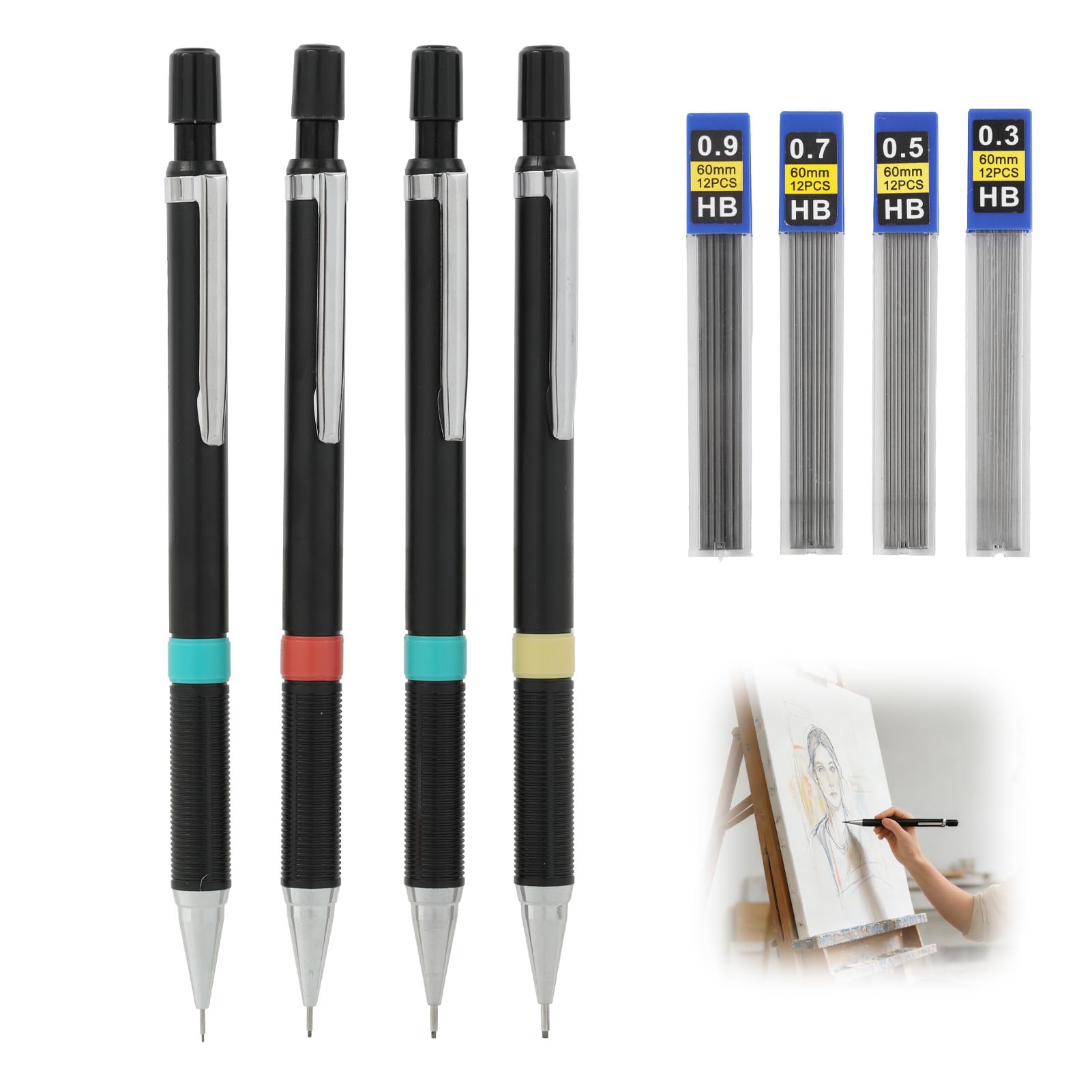 4 Pcs Mechanical Pencil Set, 0.3mm 0.5mm 0.7mm 0.9mm Automatic Pencil Set HB, Retractable Lead with 4 Refills Non Slip Design for Students Artists Sketching Drawing Writing Ideal for School Office & A