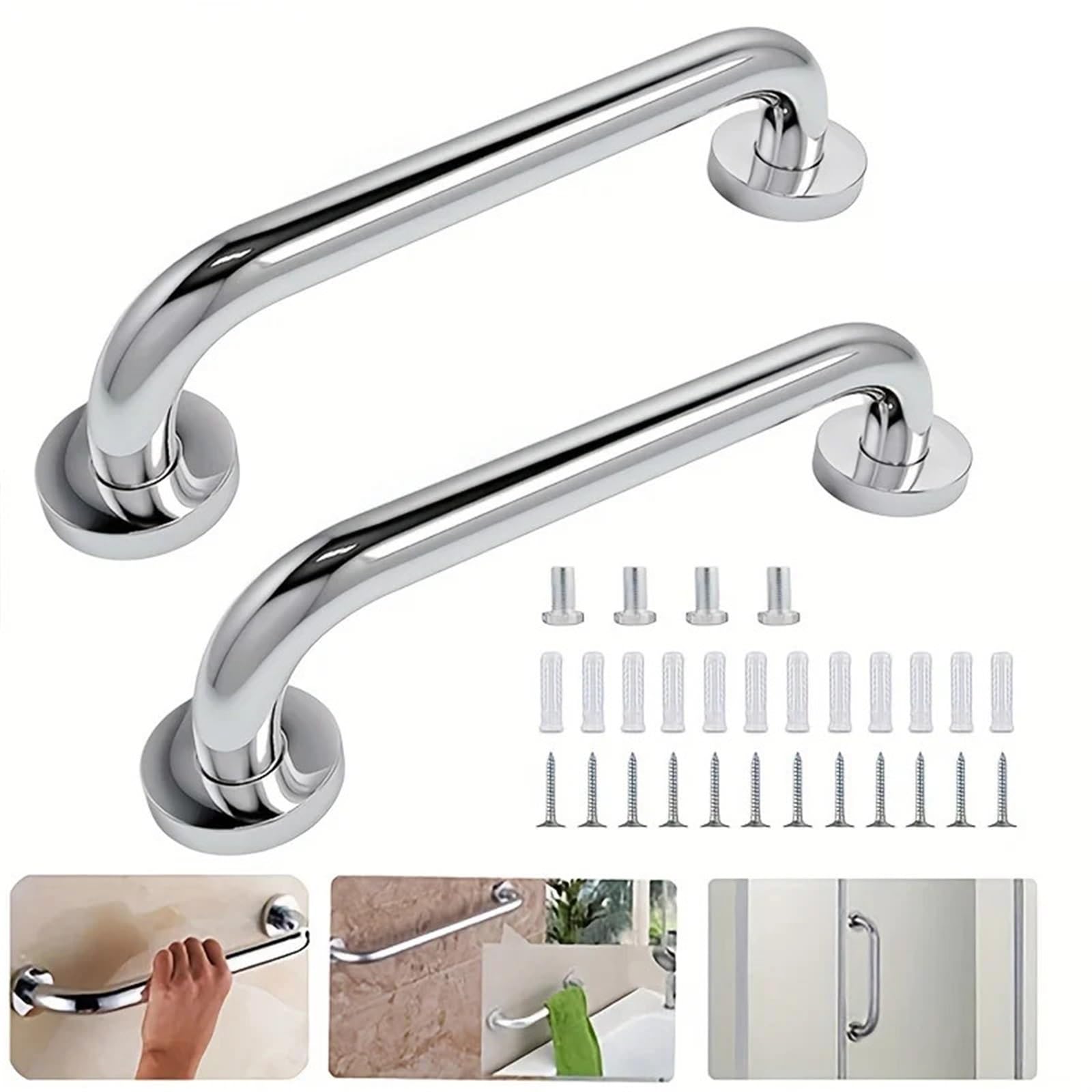 2 pasamanos de acero inoxidable 304 sin barreras para baño, seguridad, personas discapacitadas, ancianos, 30 cm, mango de ducha antideslizante