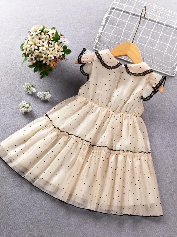 Image of Niren Enterprise Girls' Ivory Polka Dot Peter Pan Collar, Frill Sleeve, Flared Tulle Skirt, Elegant Birthday & Summer Wear Party Dress