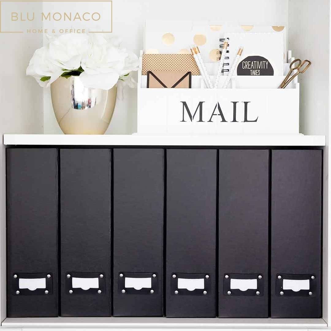 Blu Monaco Foldable Black Magazine File Holder with Leather Label Holder - Set of 6 Cardboard Magazine File Boxes Desk File Organizer - Image 4