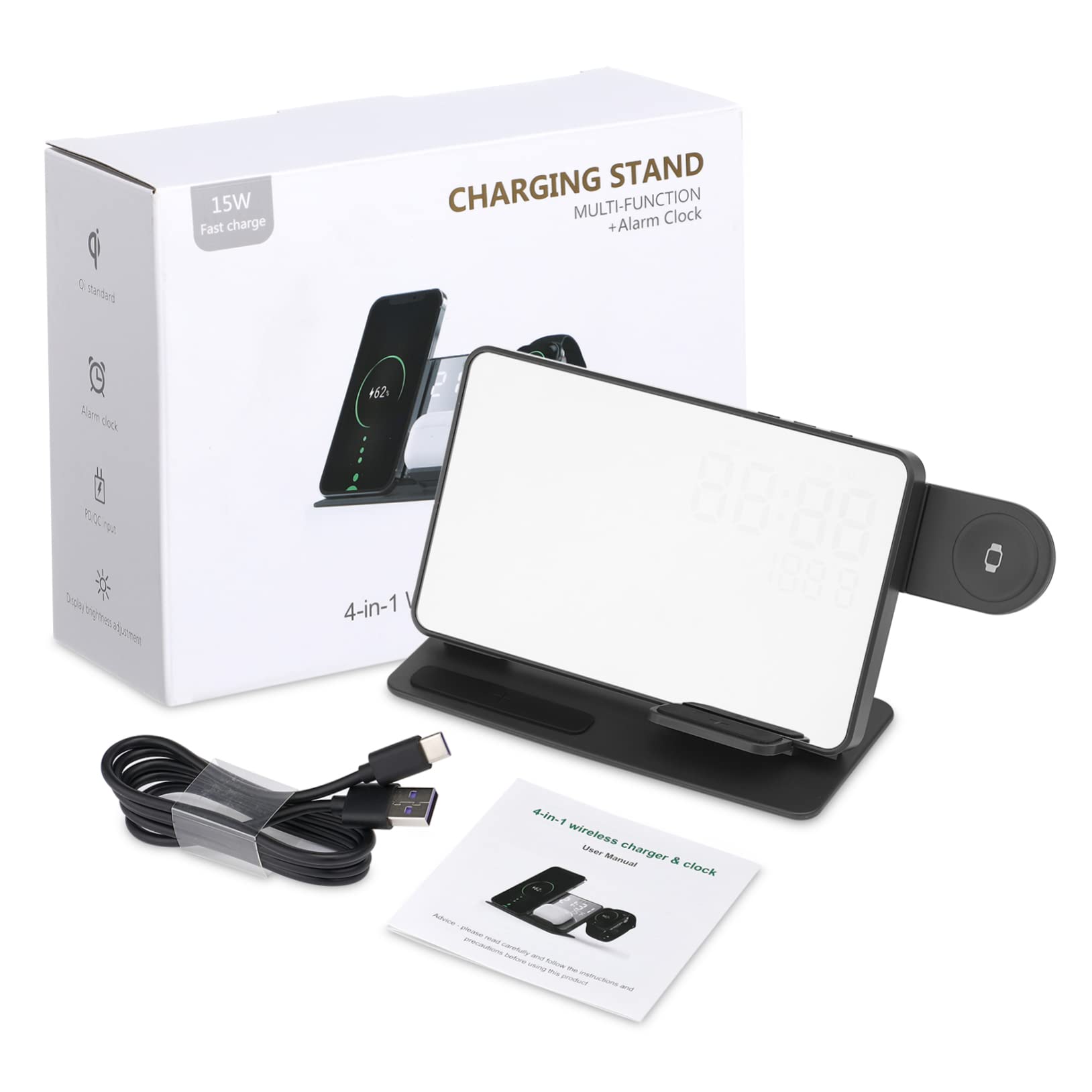 Didiseaon Station de Recharge sans Fil Multifonction pour Bureau et Chambre, Horloge Numérique LED avec Affichage Température, Chargeur Rapide Compatible Qi, Support Chargeur