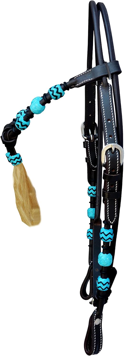 Western Leather Round Headstall with Natural Hand Braided Turquoise Rawhide Futurity Knot Natural Hair Tassels Bridle -Dark Brown