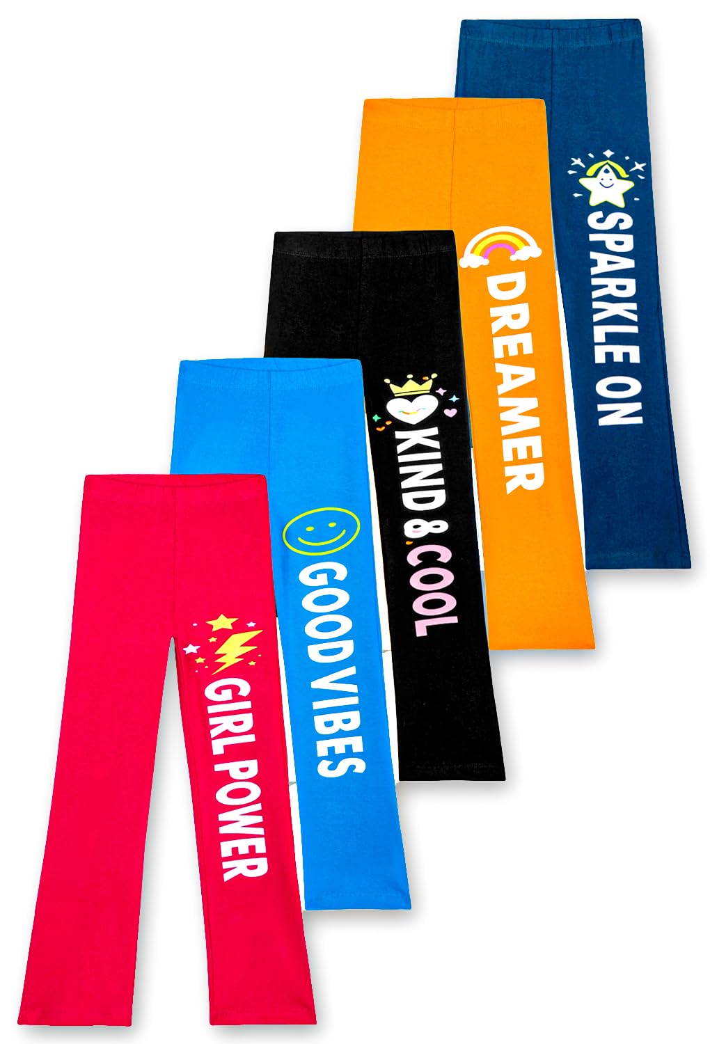 T2F Leggings svasati in cotone stampato da ragazza, confezione da 5, collant a lunghezza intera, morbidi e confortevoli, da indossare tutti i giorni per bambini