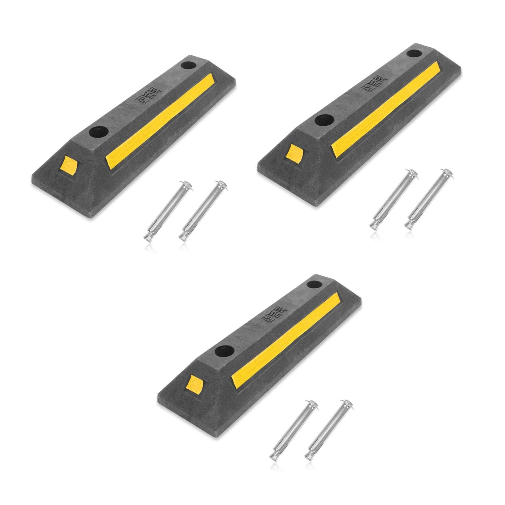 Amosfun 3 Piezas tapón de Coche Barrera Parking tapón para vehículos cochera calzo de Rueda Protector tapón de estacionamiento para Garaje Tope de Rueda Reflectante Caucho Black