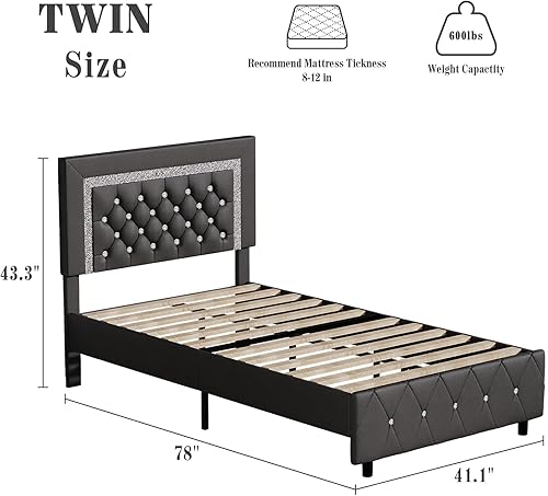 Miniatura 23 de BarnFurin - Base de cama matrimonial con cabecera capitoné, plataforma tapizada con diseño de diamante, base de colchón, soporte de listones de