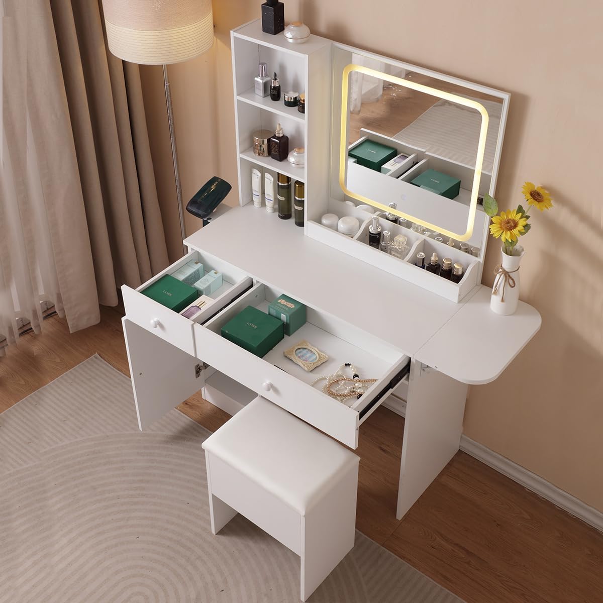 Makeup Vanity Desk with Lighted Mirror & Power Outlet, with Drawers and Large Storage Cabinet for Bedroom, 3 Lighting Modes Adjustable Brightness, Storage Stool, White
