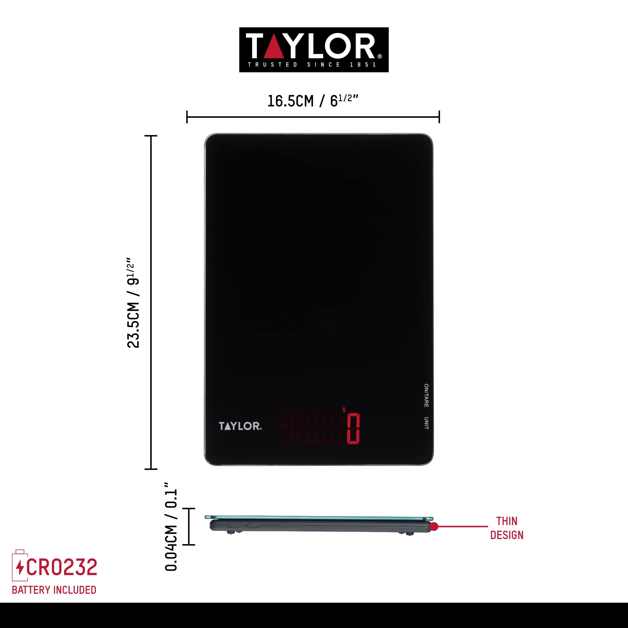 Taylor Pro Balances de Cuisine Numériques, Compactes Ultra Fines Standard Professionnel avec Fonction Tare et Précision, Verre Noir, 5 kg de Capacité