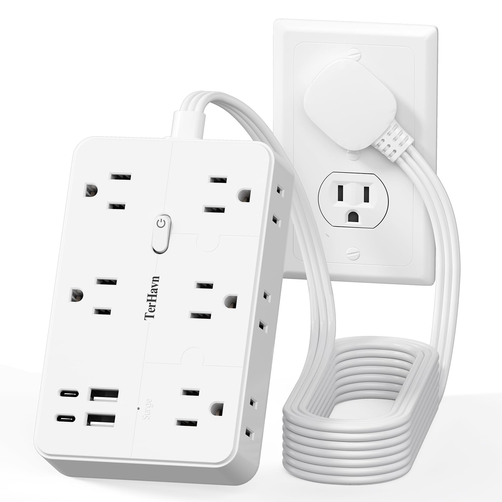 Surge Protector Power Strip 10 FT Flat Extension Cord 10 AC Outlets 4 USB Ports 5V 3 4A