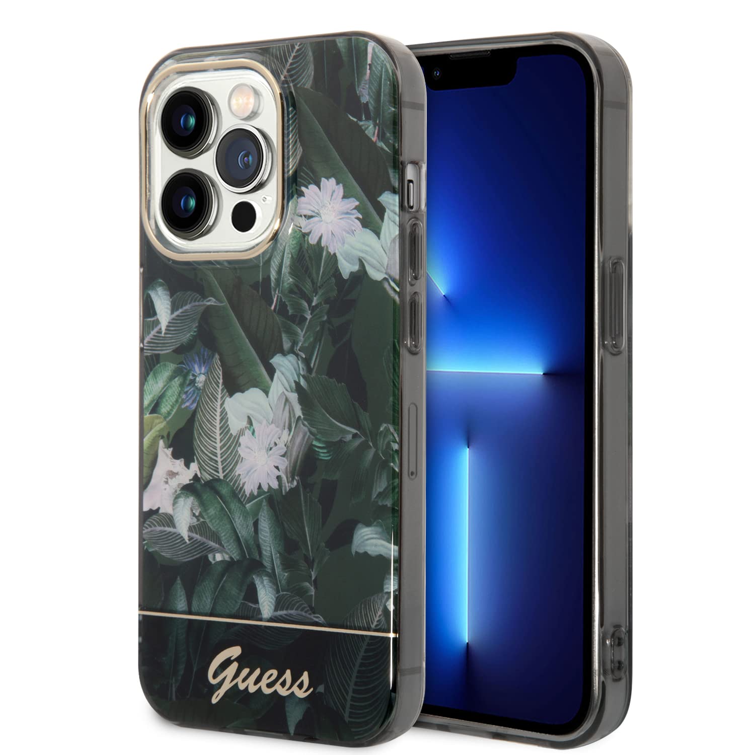 CG MOBILE Guess PC/TPU IML Case With Double Layer Electroplated Camera Outline & Jungle Design Latest, Stylish, Design, Scratch Proof, Dust Proof, Shiny, Compatible With iPhone 14 Pro Max (Green)