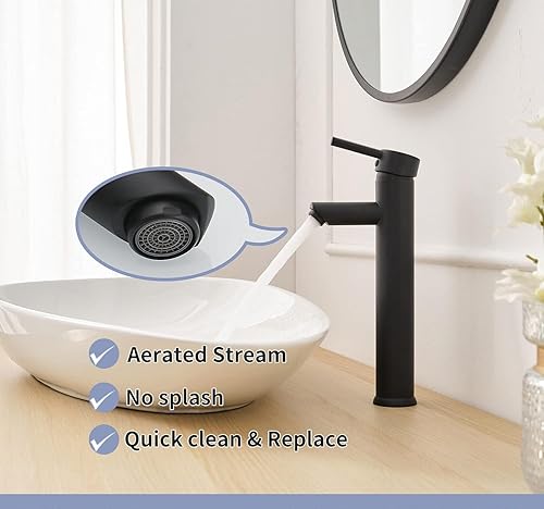 Miniatura 3 de Grifo de baño de recipiente negro mate, grifo de lavabo de baño, moderno cuerpo alto de un solo mango, grifos de baño de un agujero, boquilla