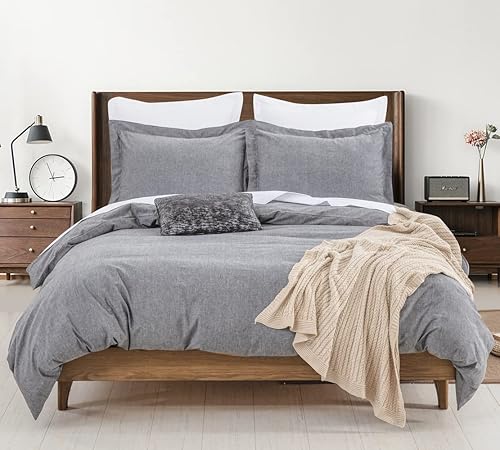 DAUAOTO Funda de edredón de tamaño matrimonial, 1 funda de edredón de 82 x 86 pulgadas + 2 fundas, juego de ropa de cama gris claro, algodón lavado,