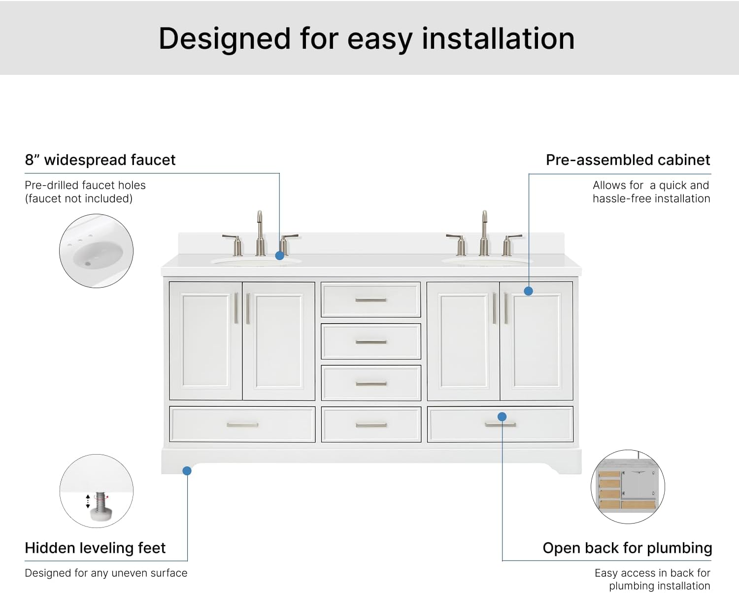 ARIEL Stafford 72-inch Bathroom Vanity with Sink,Solid Wood, 1.5-inch Pure White Quartz Countertop & Backsplash, Double Oval Porcelain Sink, 4 Soft Closing Doors, 6 Dovetail Drawers, White