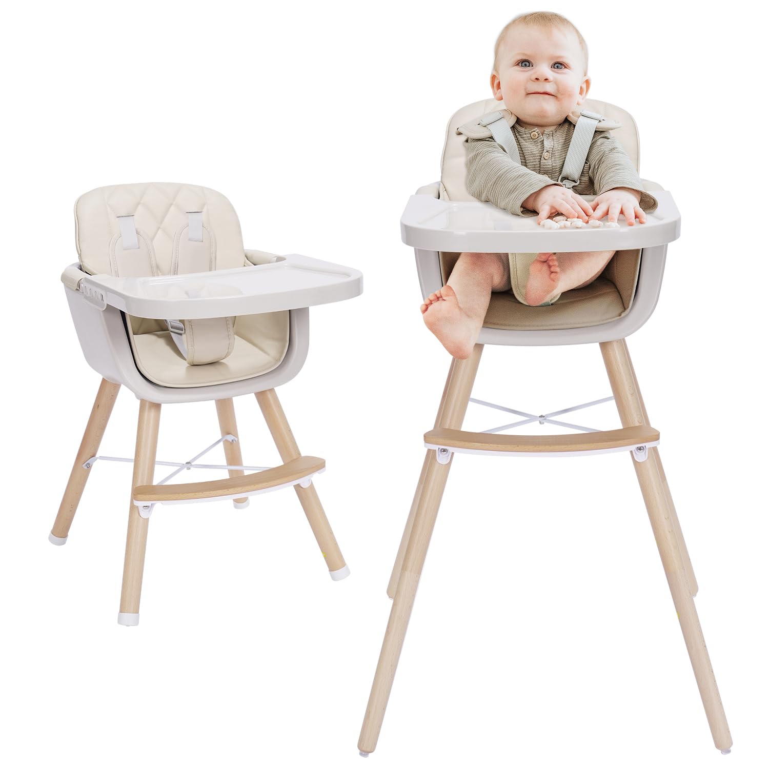 Mallify 3-in-1 Convertible Wooden High Chair, High Chairs for Babies and Toddlers, Baby High Chair with Adjustable Legs & Dishwasher Safe Tray, Made of Sleek Hardwood & Premium Leatherette, BeigeMallify 3-in-1 Convertible Wooden High Chair, High C…