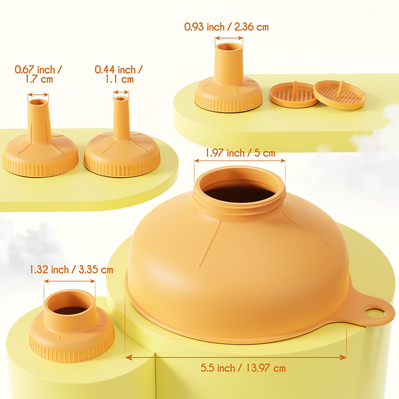 Trichter mit 4 verschiedenen Ausgießgrößen und 2 Größen an Sieben - Ideal für kleine und mittlere Flaschen, Einwecken, Öl, Gewürze und mehr – Ansicht 7