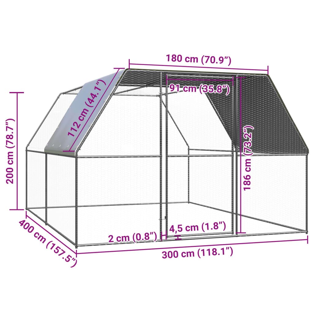 Jaula para pollos al aire libre, 3 x 4 x 2 m, acero galvanizado, jaula para gallinas, conejos, gansos, palomas y codornices, color plateado y gris plateado