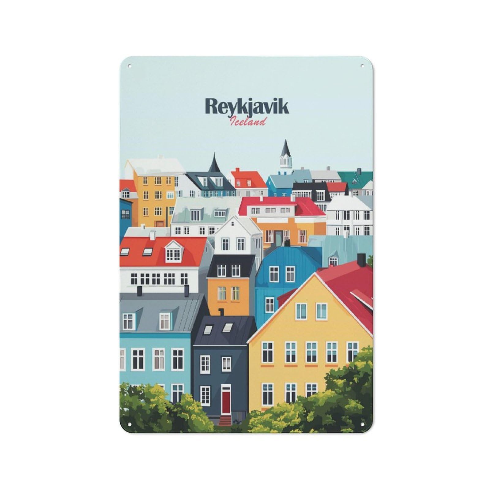 Junmoney Style-16 Loft Style Metal Wall Art Sign 30X20cm Featuring Reykjavik Cityscape, Urban Room Decor For Loft, Studio, Office Or Creative Room