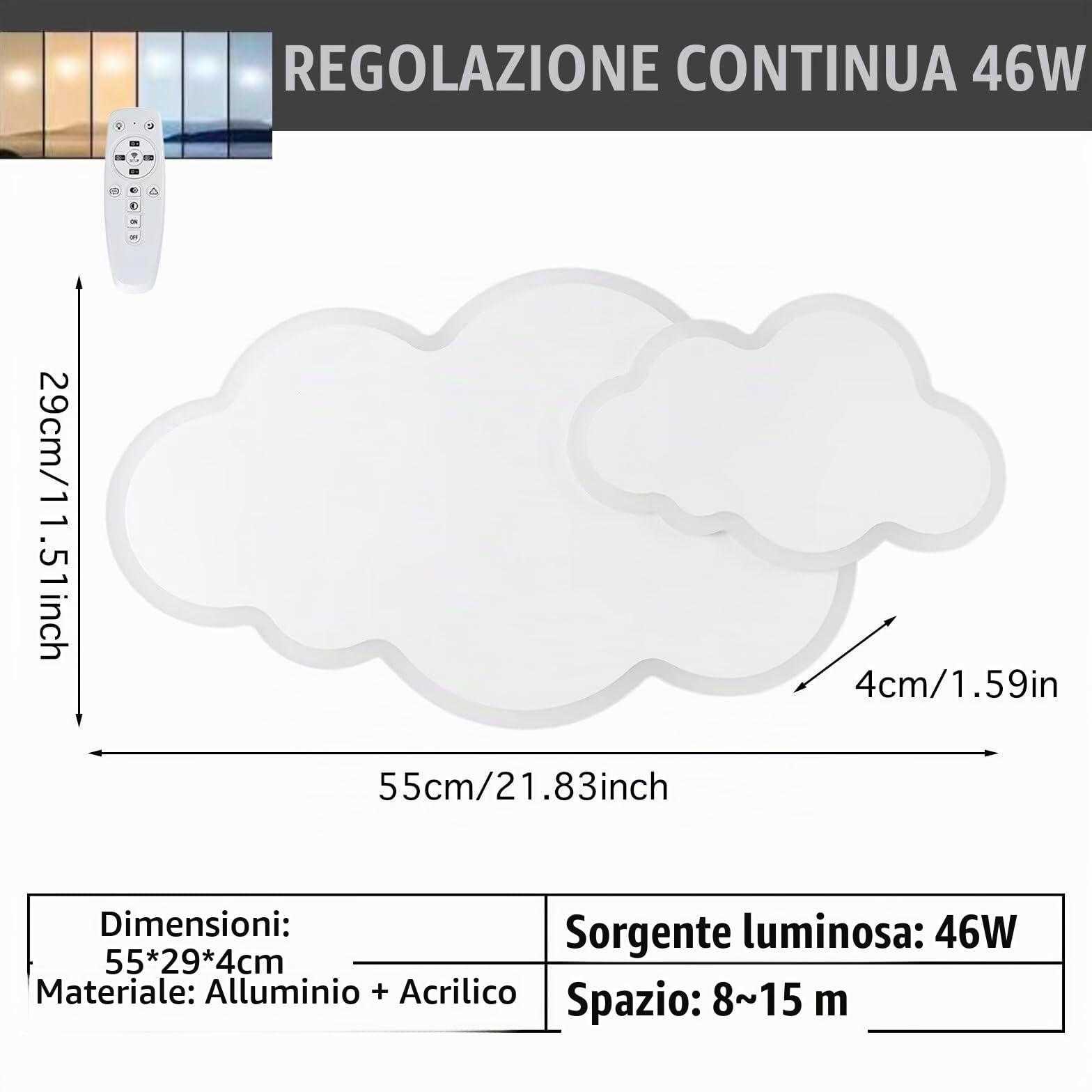 Plafoniera a forma di nuvola da 55 cm, lampadario a LED 3D con nuvole, per cameretta, soggiorno, camera da letto per bambini e bambine, dimmerazione continua, 46 W