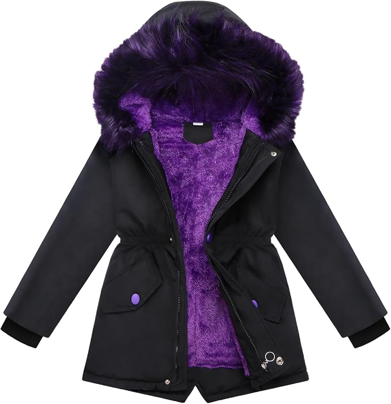 Girl Winter Coat Heavyweight Hooded Puffer Jacket Kid Parka Outwear | Detachable Faux Fur Hood; Soft Fleece-Lined; Water-Resistant Outerwear; Zip-Up Cold-Weather Clothes; 2 Front Flap Pockets